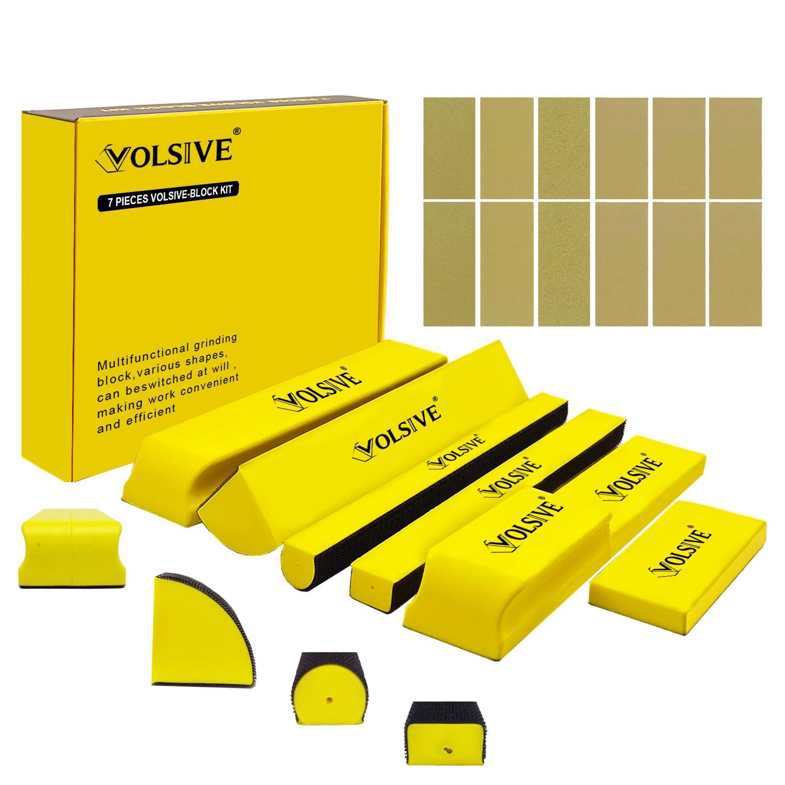 7-Piece Hand Sanding Block Set with 20 Hook & Loop Sandpaper – Flexible for Auto