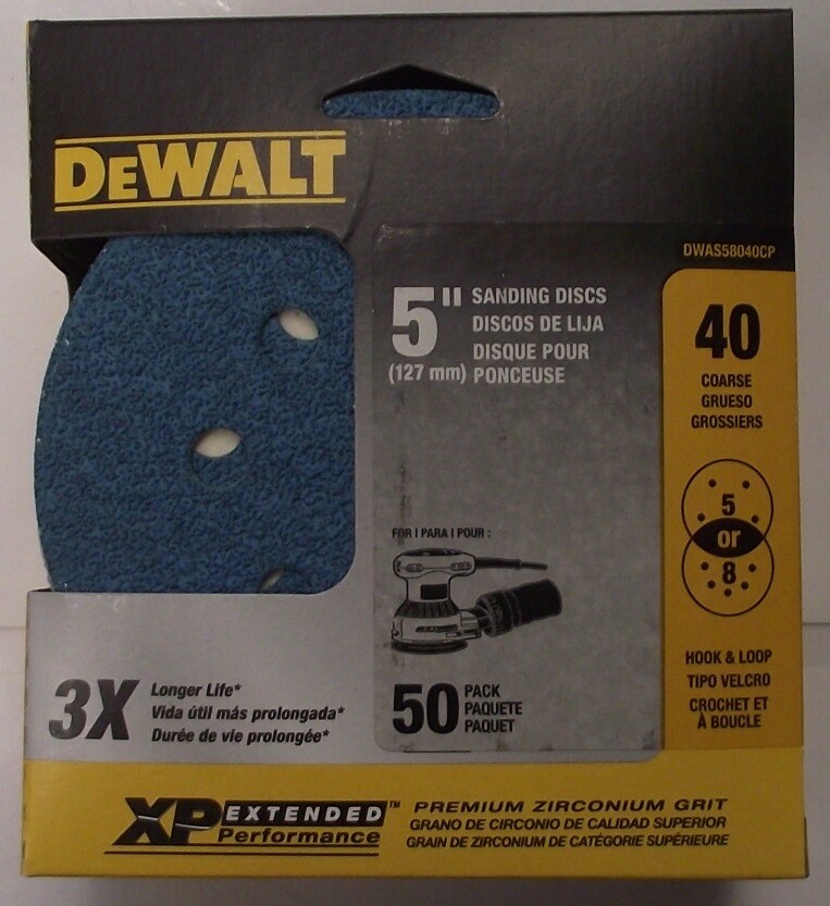 Dewalt DWAS58040CP 5″ XP 40 Grit Zirconium Sanding Discs 5 or 8 Hole 50 Pack