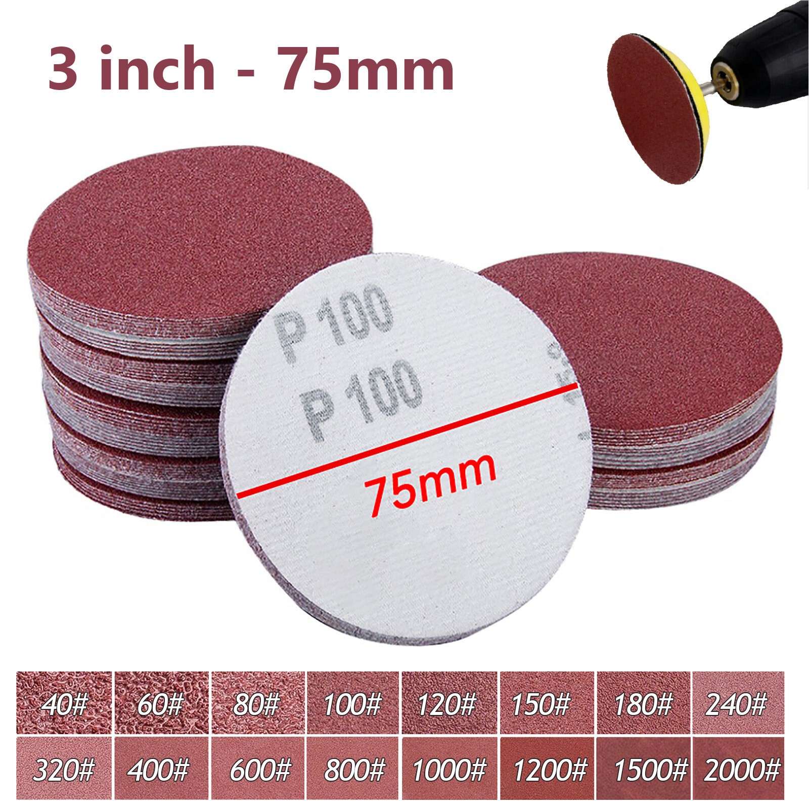 75mm 3″ Sanding Discs 40-1000 Grit Hook and Loop Orbital Sander Pads Sandpaper