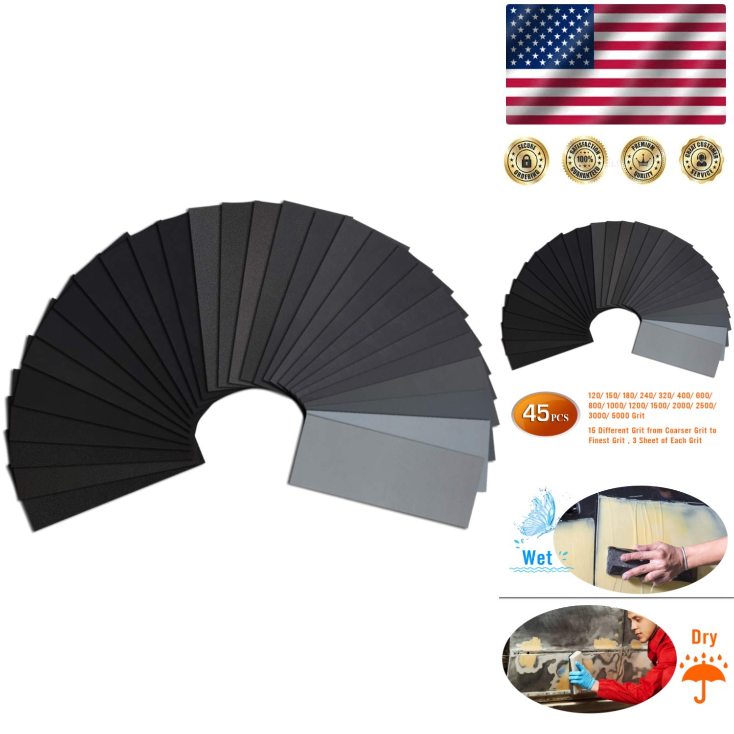 45PCS Assorted Wet Dry Sandpaper Set 120-5000 Grits | Perfect for Wood & Metal