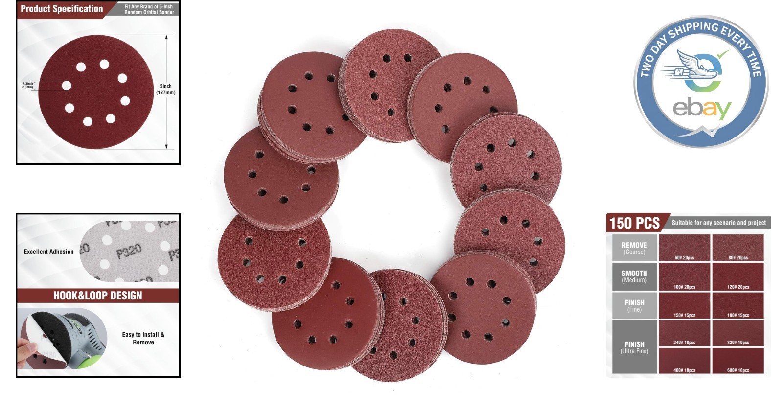 150 Sandpaper Discs – 10 Grits for Random Orbital Sanders, 8-Hole