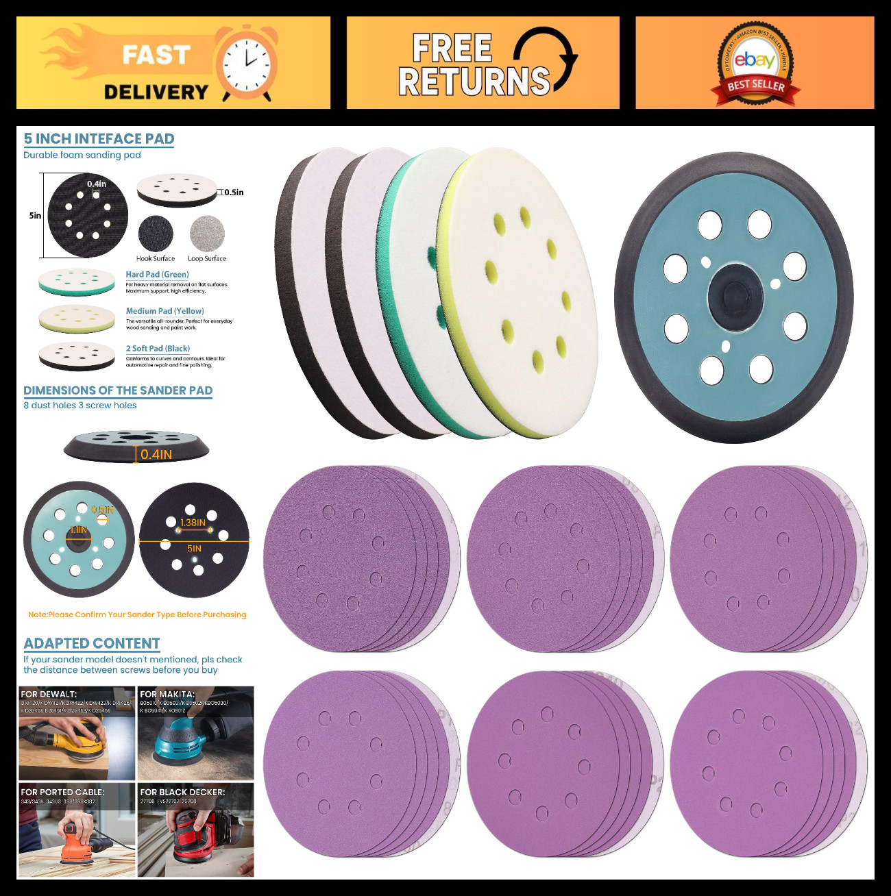 5″ 8 Hole Sander Pad with Foam Interface & 30 Ceramic Discs for Metal/Wood/Paint