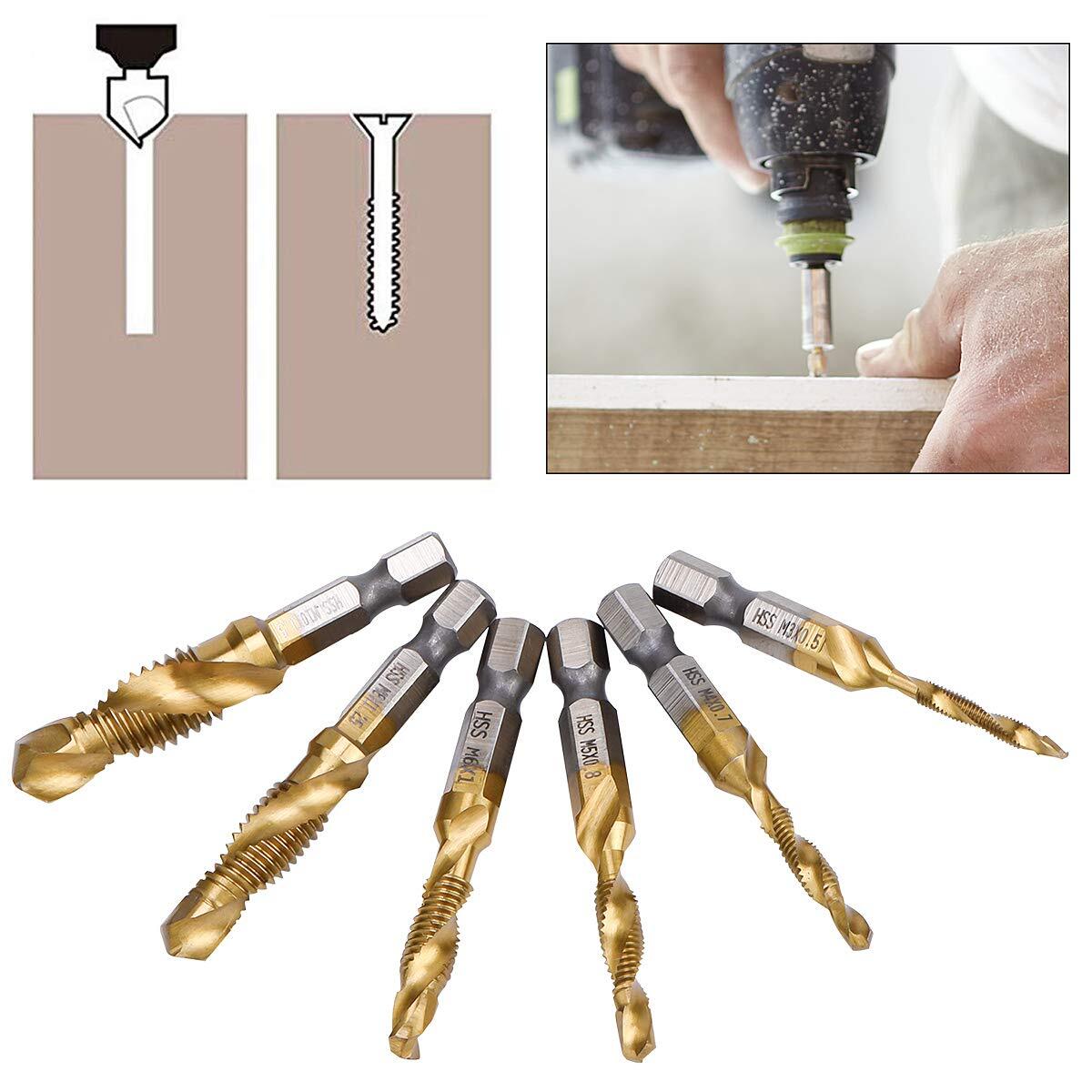 6Pcs M3-M10 Drill Spiral Tap Bits HSS 1/4” Hex Shank Metric Thread Cutter Set