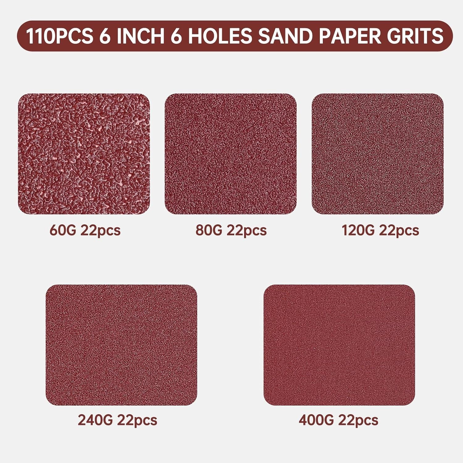 110 PCS 6 Inch Sanding Discs, 6 Hole Hook and Loop Sandpaper 60 80 120 240 400 G