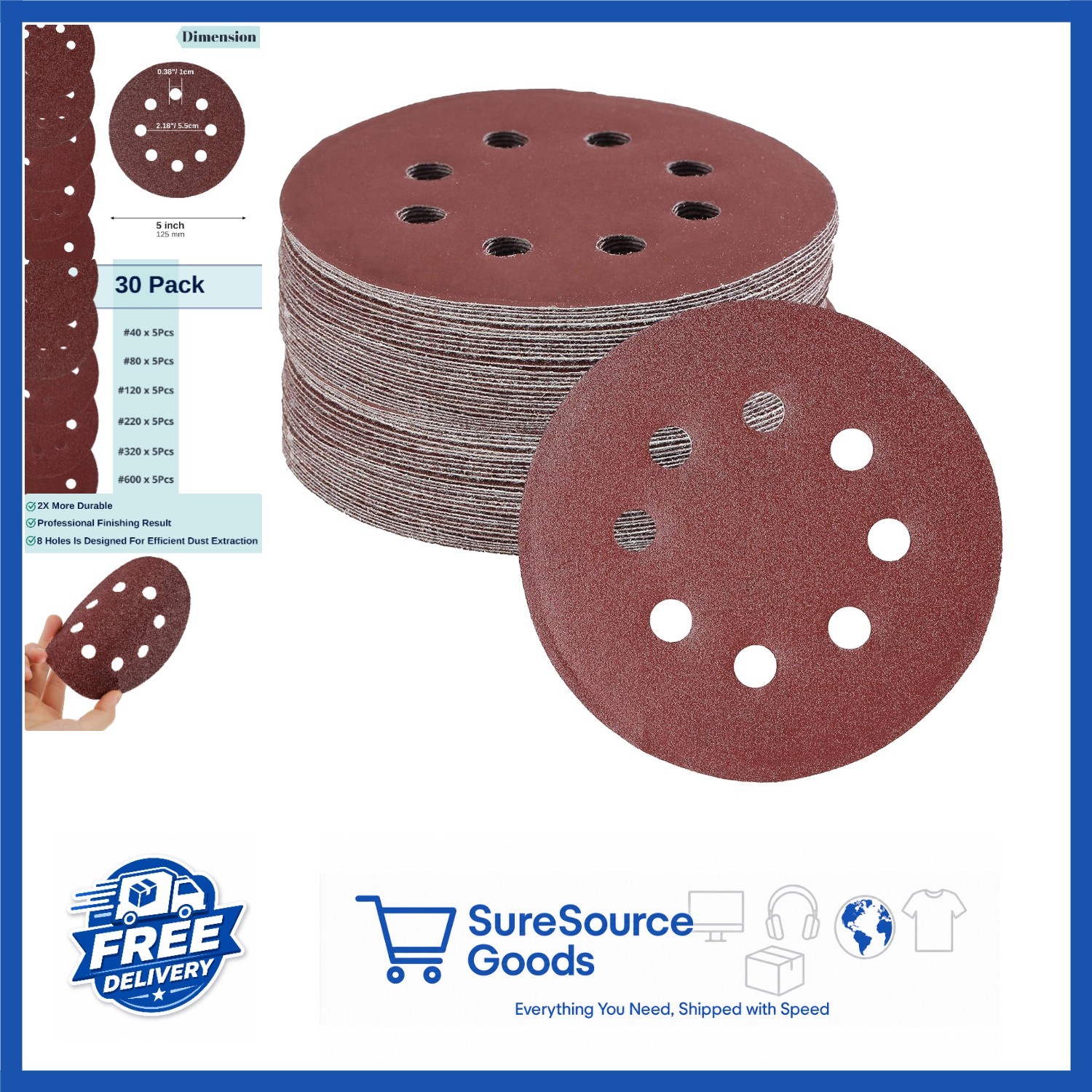 Bates 5 Inch Round Sanding Discs 30 Count Assorted Grits for Various Materials