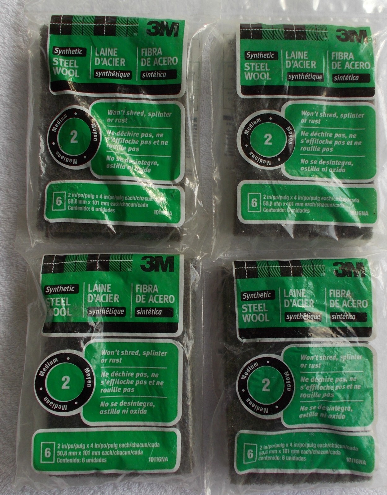 NEW 4 packs 3M Synthetic Steel Wool Pads, 10116NA, #2 Medium, 2 in x 4 in