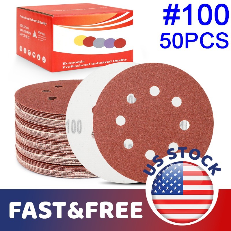 50Pc 100# Flocked Sandpaper Hook Loop Sanding Discs 8 Hole for DIY Craft Sanders