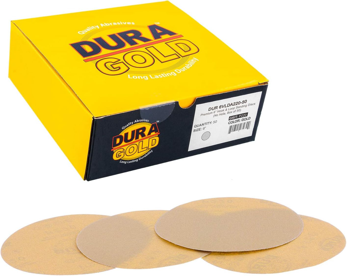Premium 220 Grit 6″ Gold Sandpaper Discs, No Hole Pattern Dustless, Box of 50, H