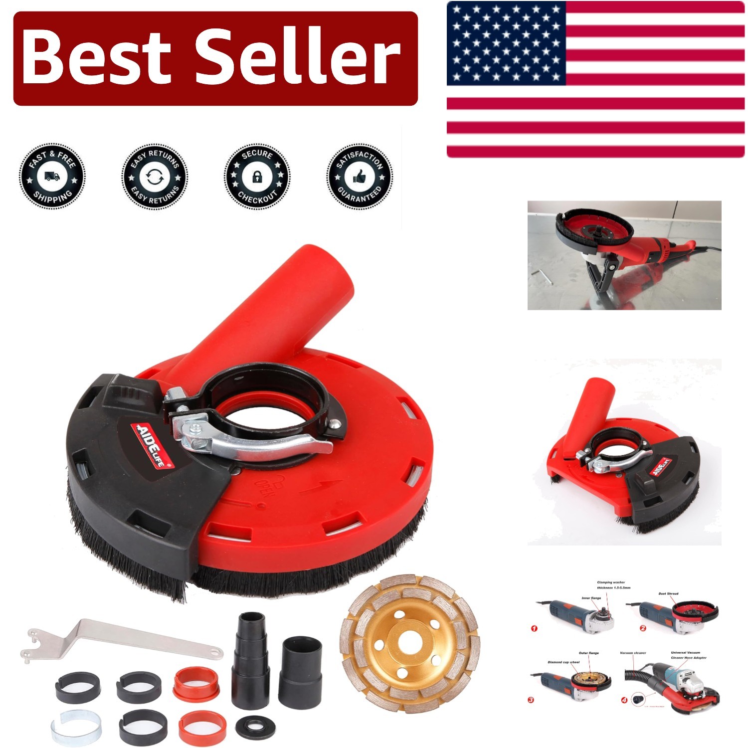 Red Surface Grinding Dust Shroud for 115mm/125mm Angle Grinders + Grinding Wheel