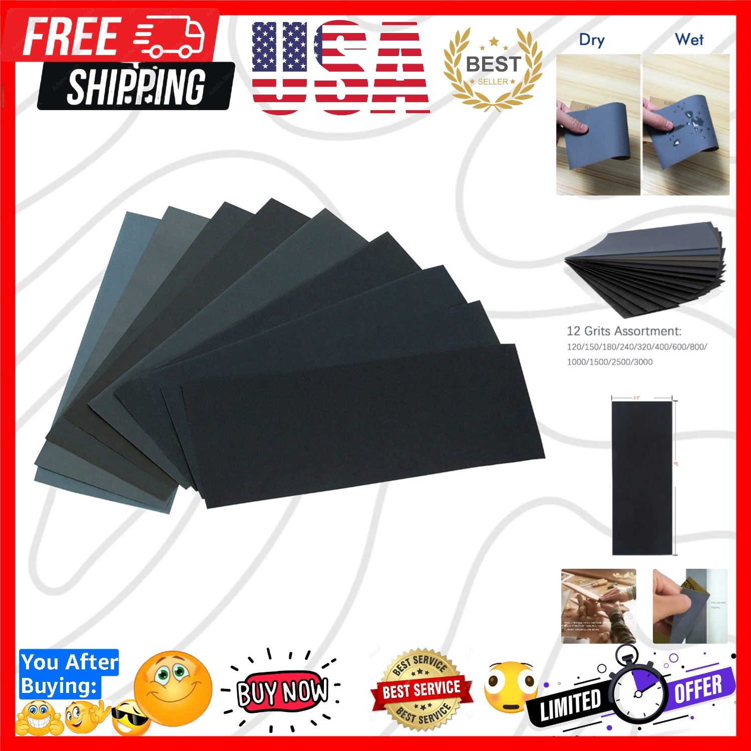 24PCS Sand Paper Variety Pack Sandpaper 12 Grits Assorted for Wood Metal Sand…