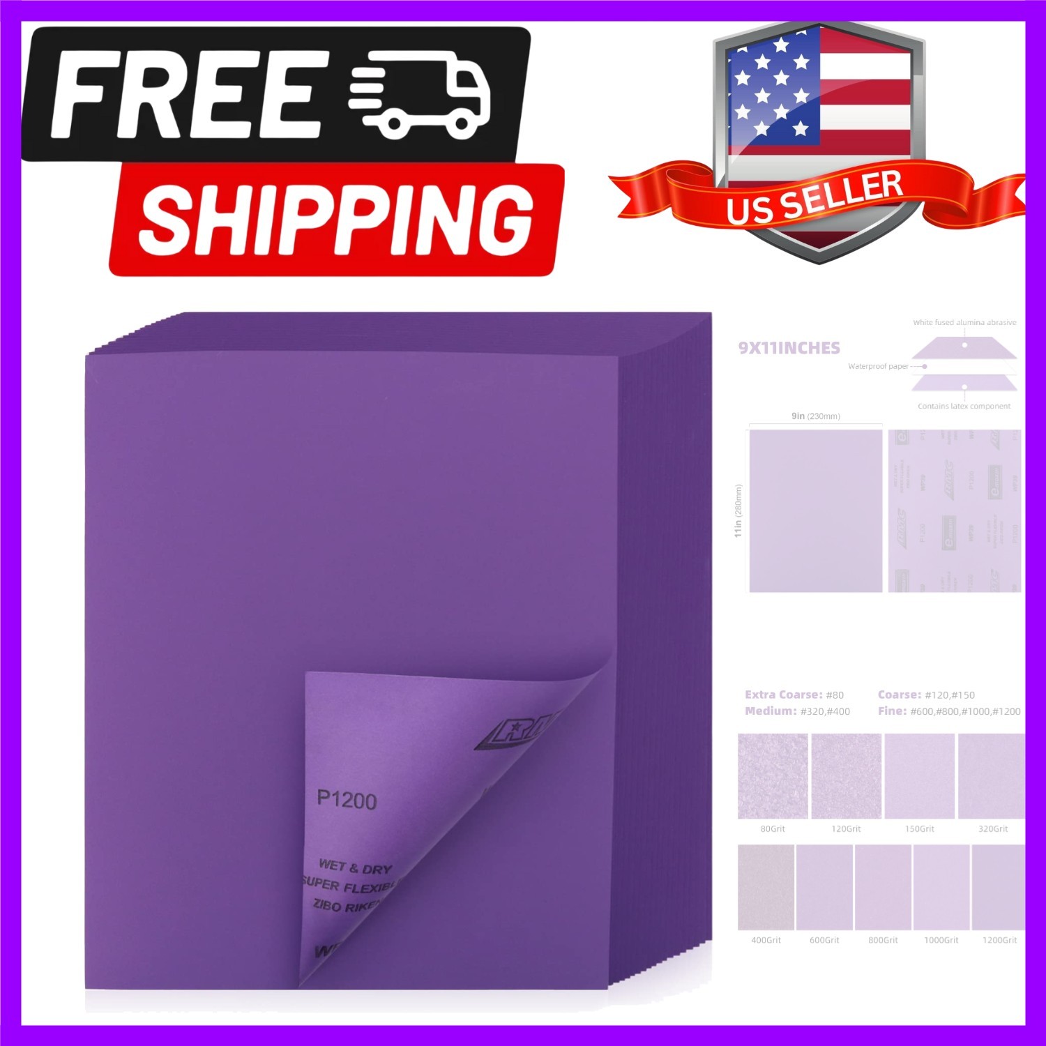 Sandpaper 1200 Grit 20 PCS, Wet Dry Sanding Sheets 9 x 11 Inch, Purple Alumin…