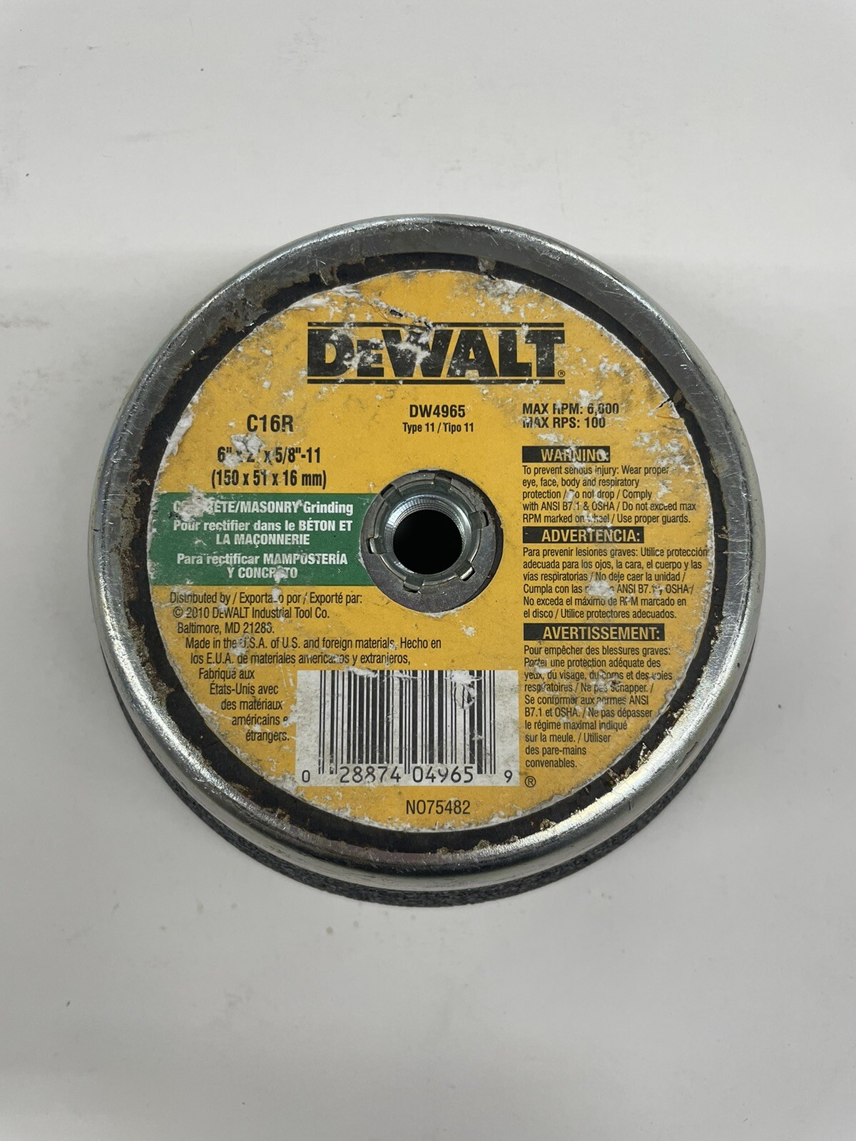 DeWalt DW4965 6” X 2” X 5/8”-11 Concrete/Masonry Grinding C16R-BF