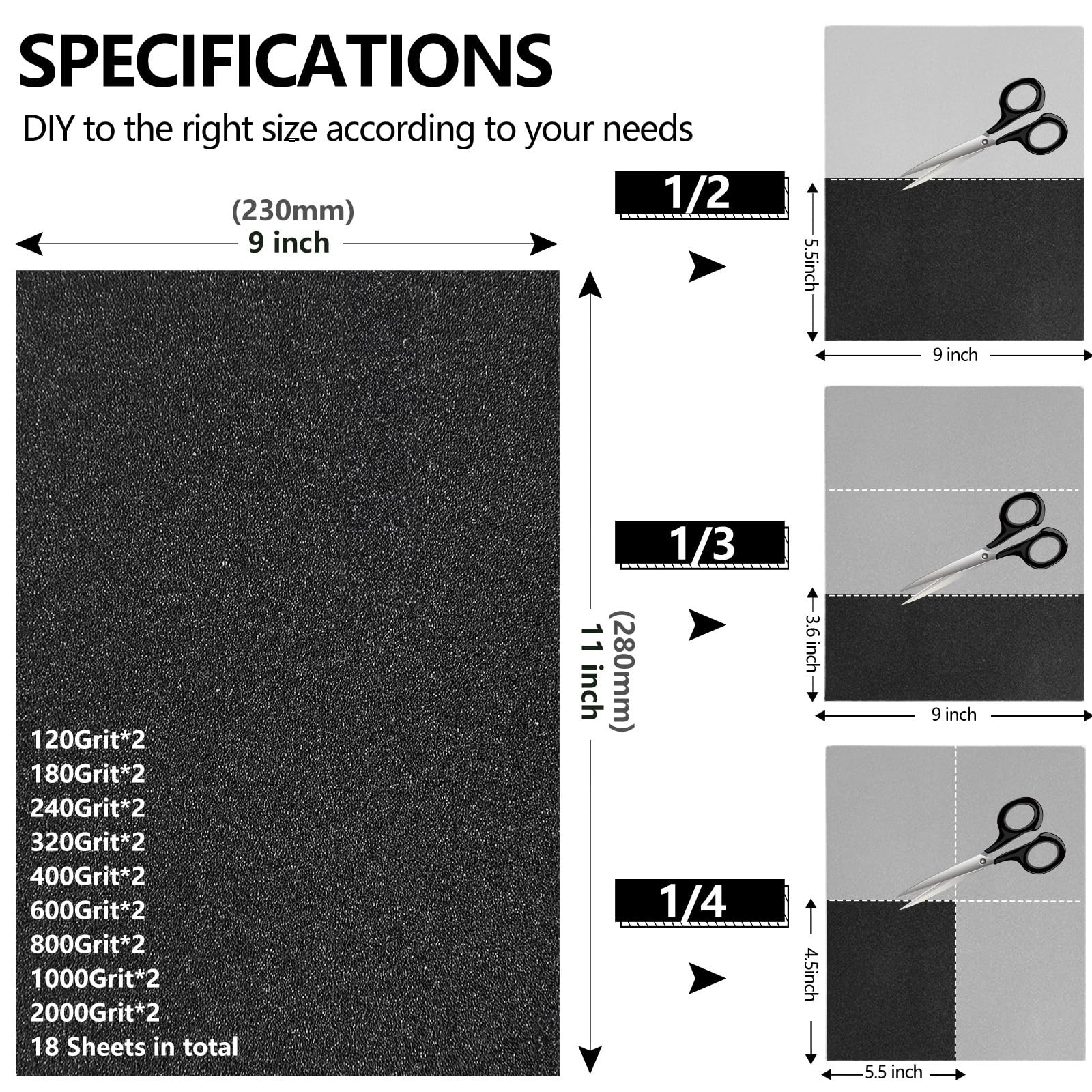 Shineboc Sandpaper Assortment, 18 Sheets, 9 x 11 Inch Wet 9 x 11 Inch, Black