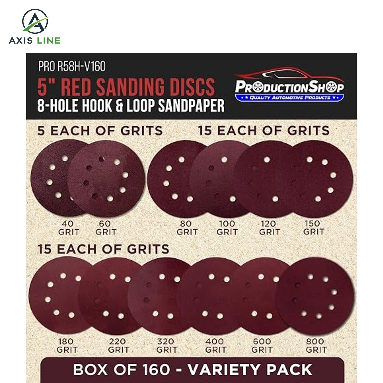 160 Pack 5 inch Sanding Discs 8-Hole Red Variety Pack Grit, Hook ,Loop Sandpaper
