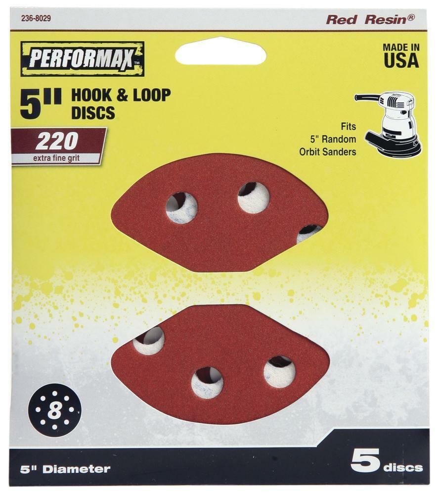 5″ 220-Grit Extra Fine 8-Hole Hook & Loop Sanding Disc Orbital Sandpaper 5 Pack