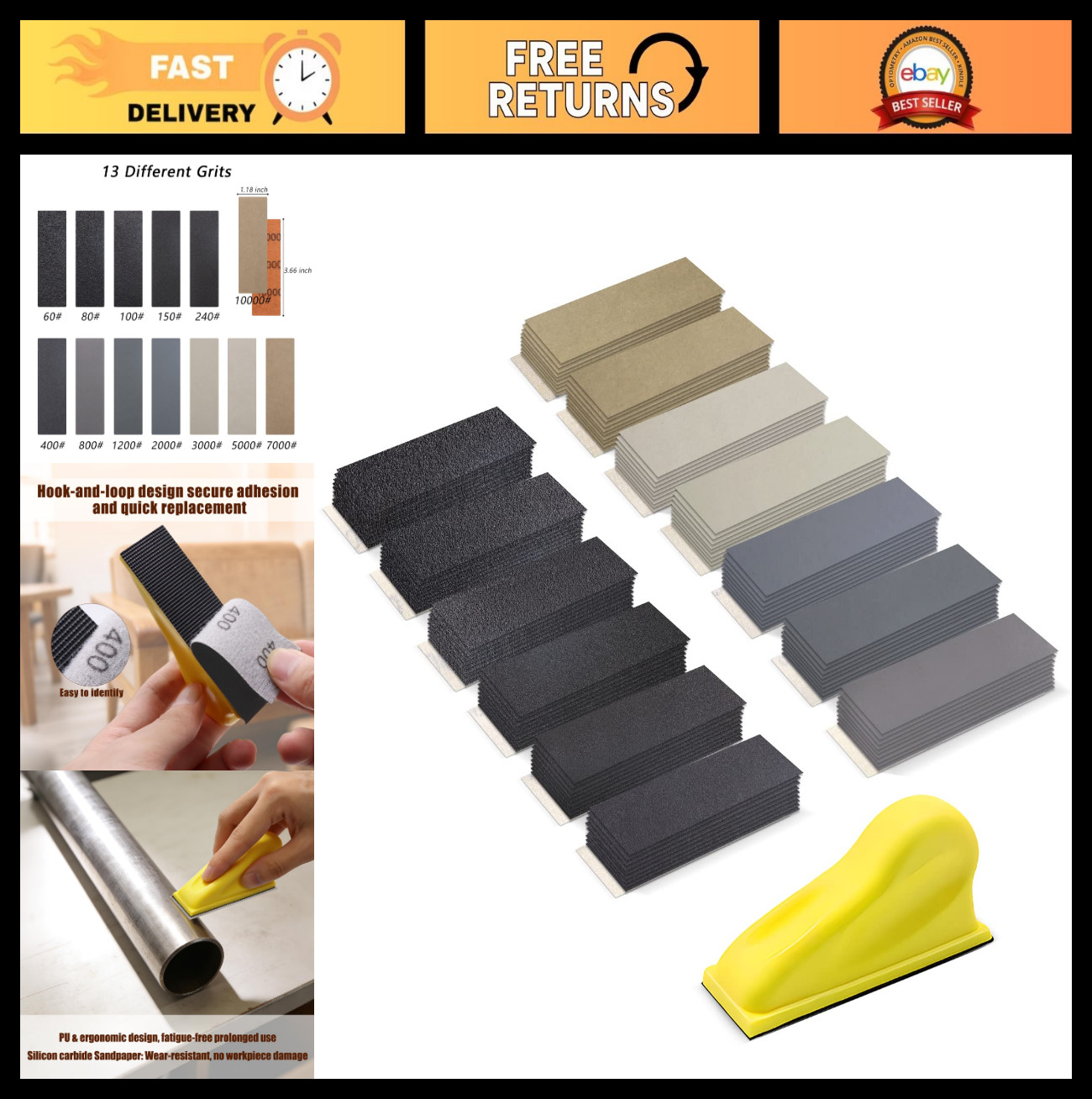 130PCS Mini Detail Sanding Kit, 60-10000 Grit Wet/Dry Sandpaper & Ergonomic Bloc