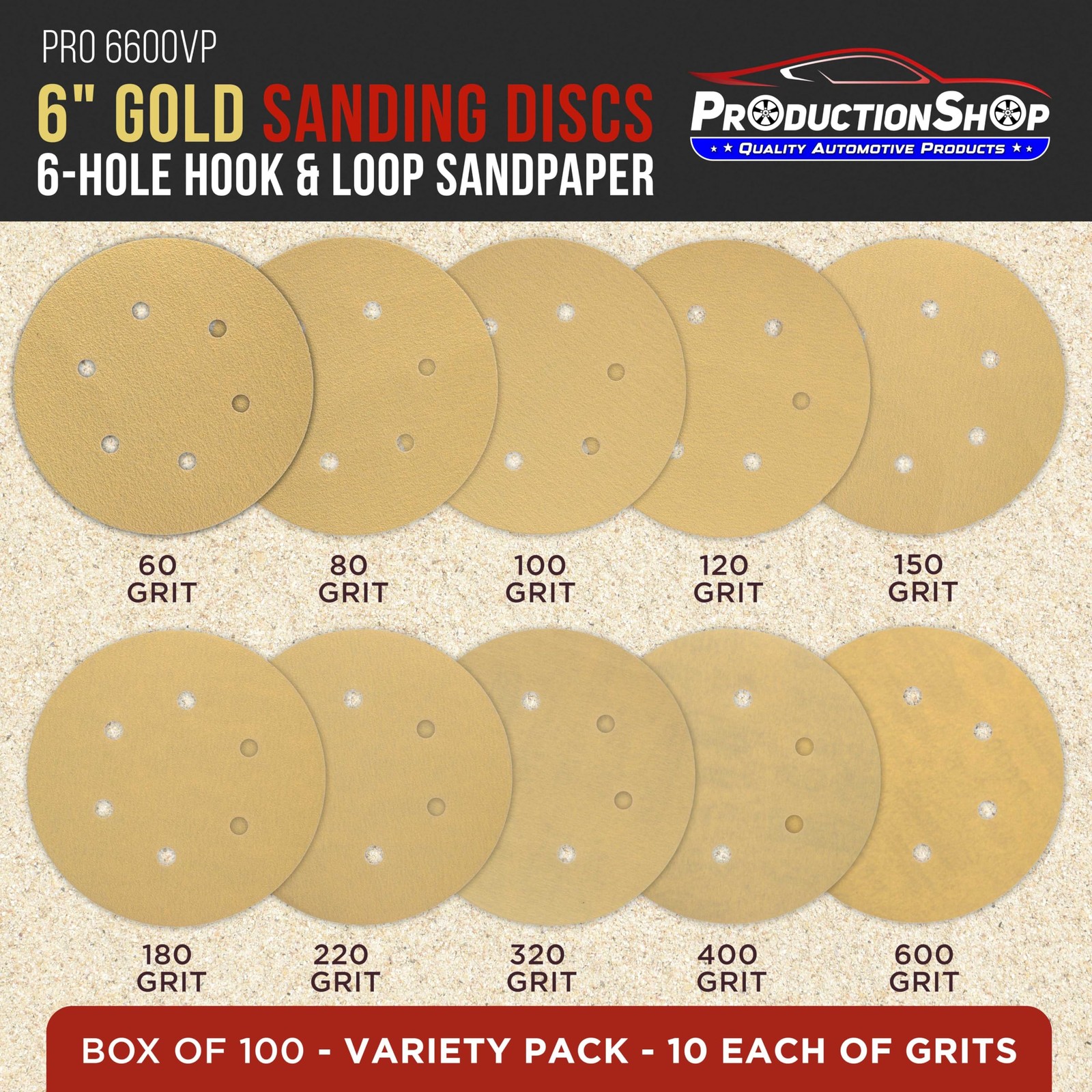 Premium 6″ PSA Gold Sanding Discs, 100 Disc Variety Pack, Grits 60, 80, 100, …