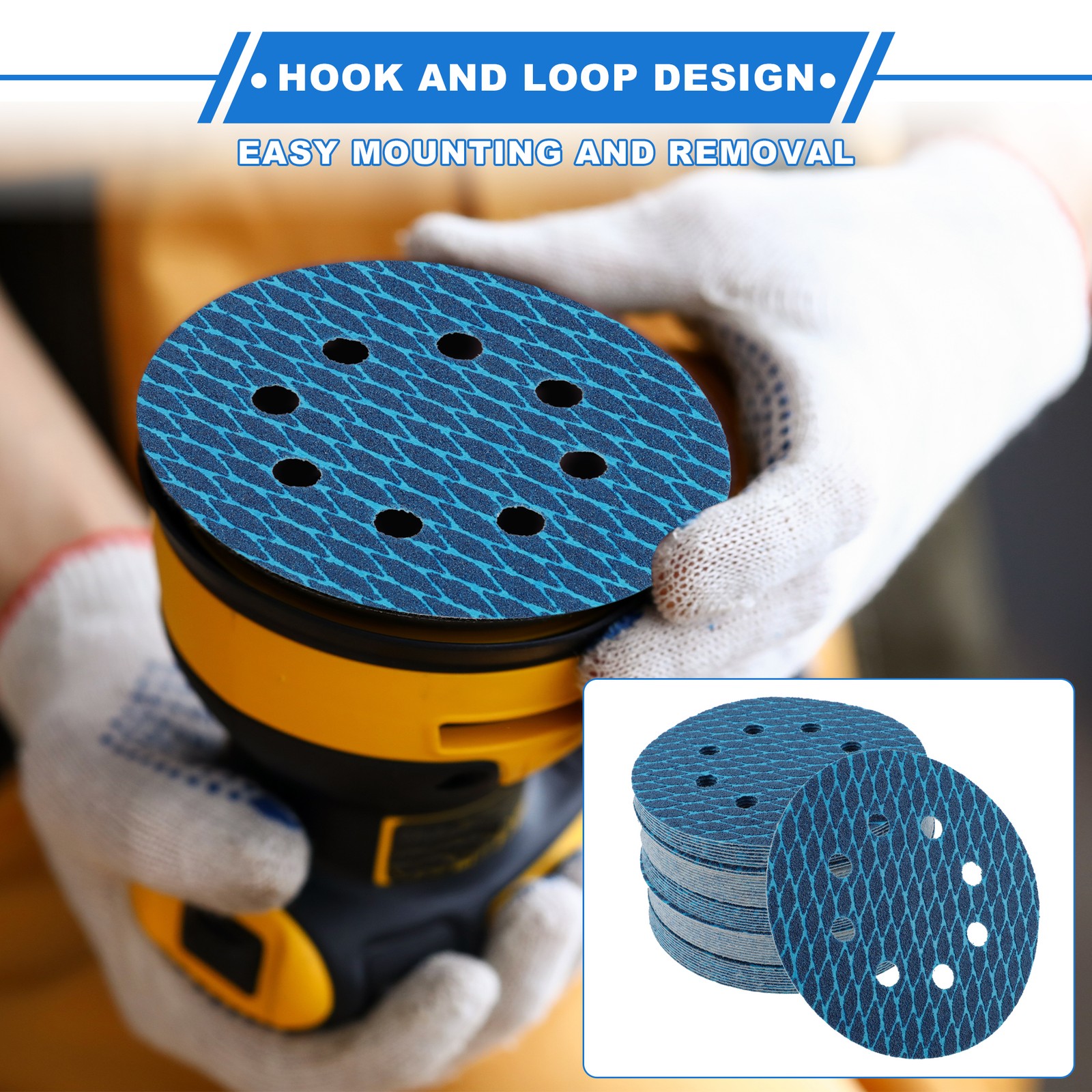 50 Pcs Car Sanding Discs 5 Inch 8 Hole 60 Grit Hook and Loop Sandpaper Blue