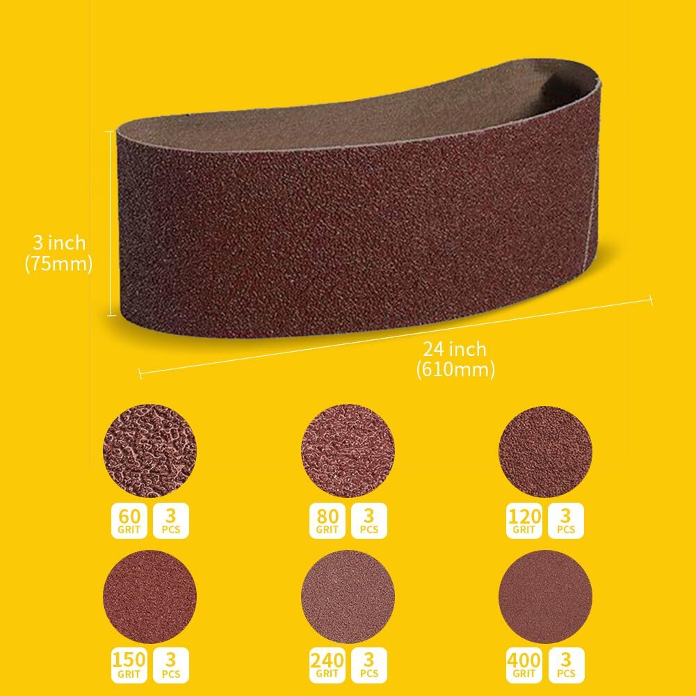 Belt Sander Sanding Belt 18 Pack 3×24 Inch 60-400 Grit Aluminum Oxide Assorted