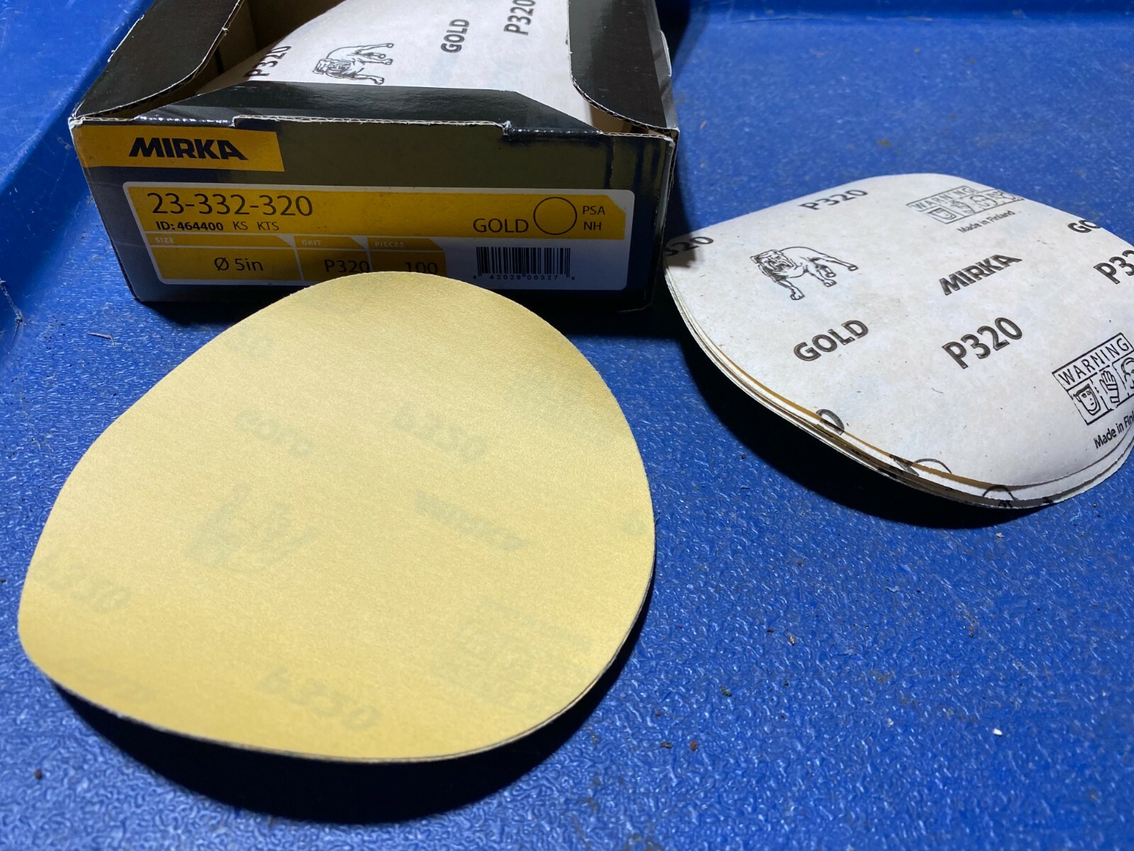 Box of 100 MIRKA Sanding Discs 23-332-320, 5″ P320 Grit Sticky Back Gold, NOS