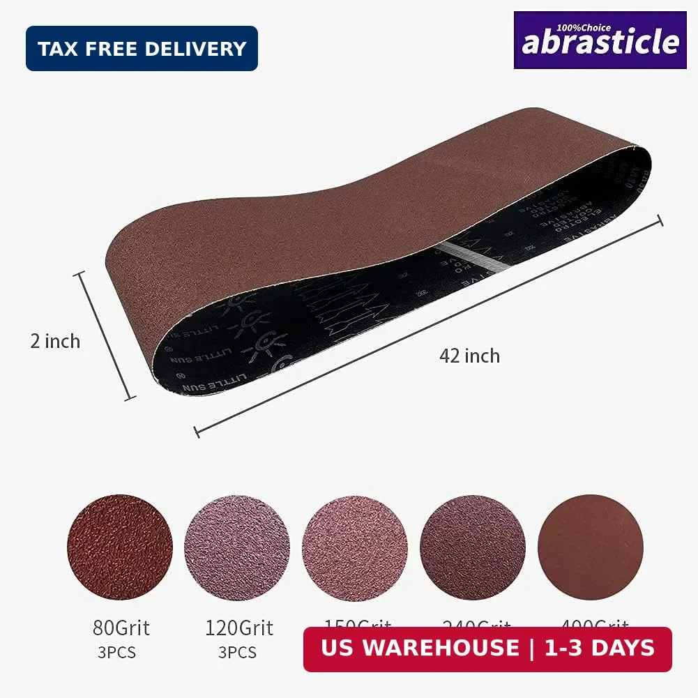 15 Pcs 2 x 42 Inch Assorted Aluminum Oxide Sanding Belt – 80/120/150/240/400 Gri