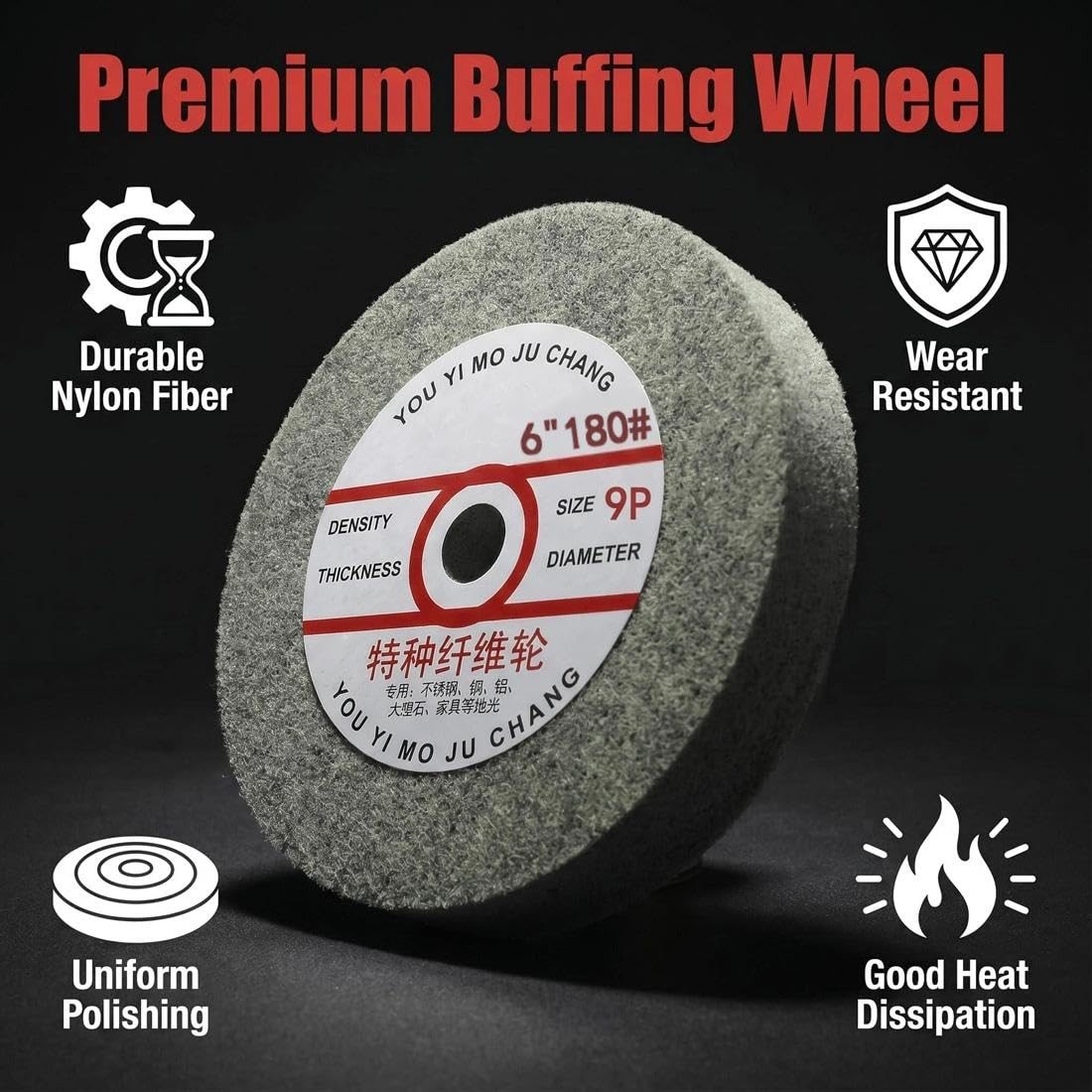 JUNLIXN 6″ Nylon Fiber Buffing Wheel, 5/8″ Arbor Hole 6 inches, Black