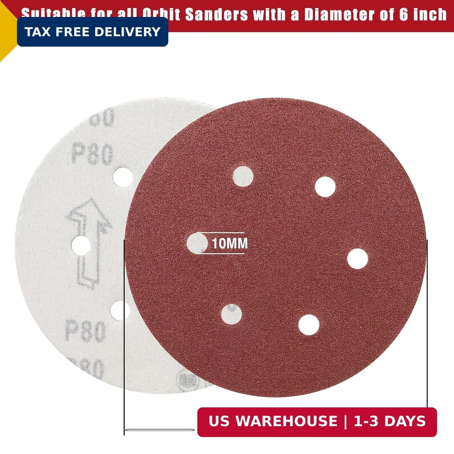 100 PCS 6 Inch Sanding Discs, 6 Hole Hook and Loop Sandpaper 60 80 120 240 400 G