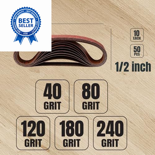 POWERTEC 1/2 x 18 Inch Sanding Belts, 50PK, 10 each of 40-240 Grit, 50PK