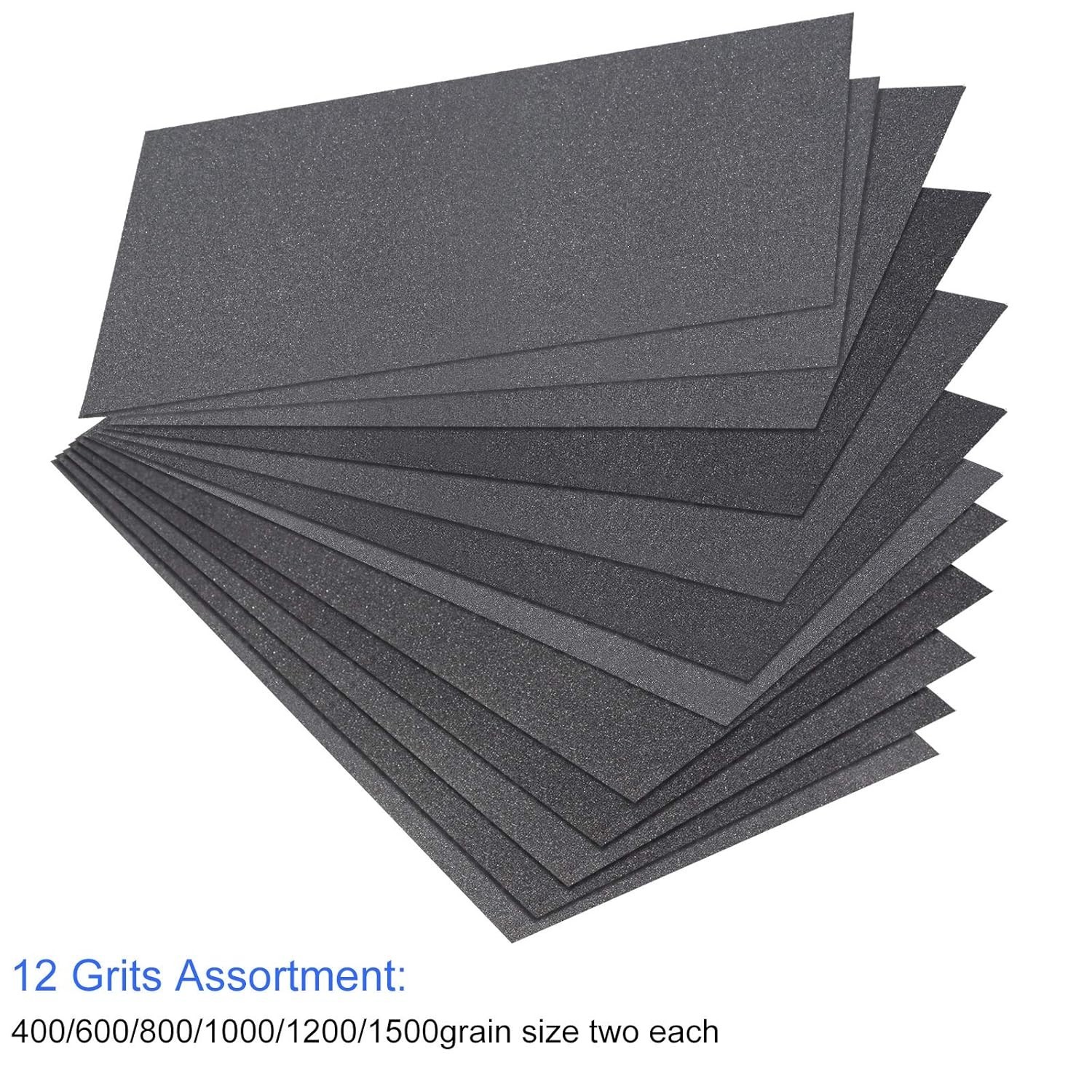 12-Sheet Assorted Grit Waterproof Sandpaper Set for Automotive & Wood Finishing