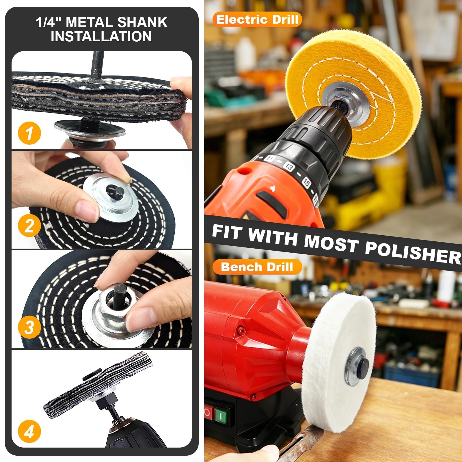 4″ Metal Buffing & Polishing Wheel Kit for Drill – 8PCS with Cotton Wheels & Com