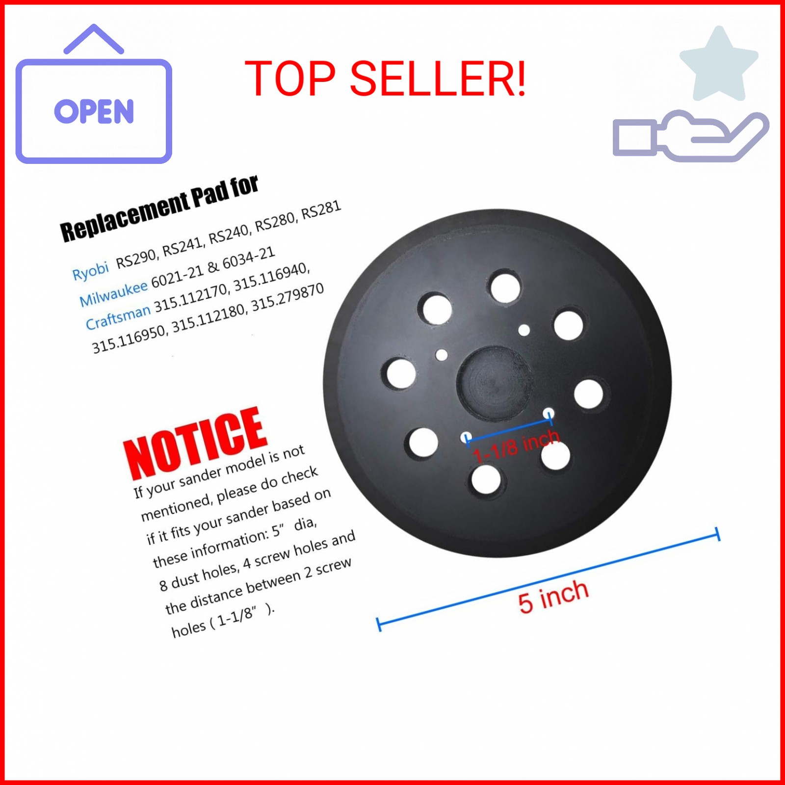 2 Pack 5″ Universal Hook and Loop Orbital Sander Pad for Ryobi RS290, RS240, RS2