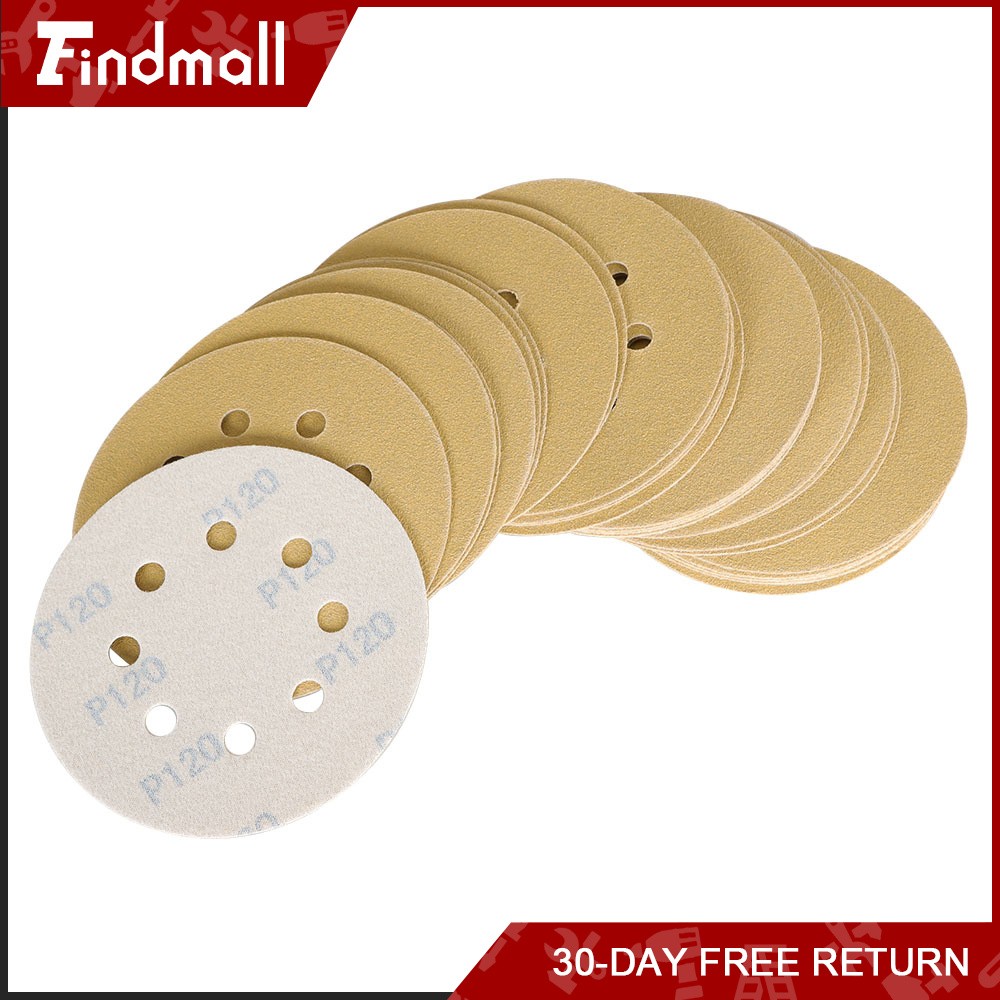 Findmall 100 Pieces 5 Inch 8-Hole 120 Grit Hook and Loop Sanding Discs