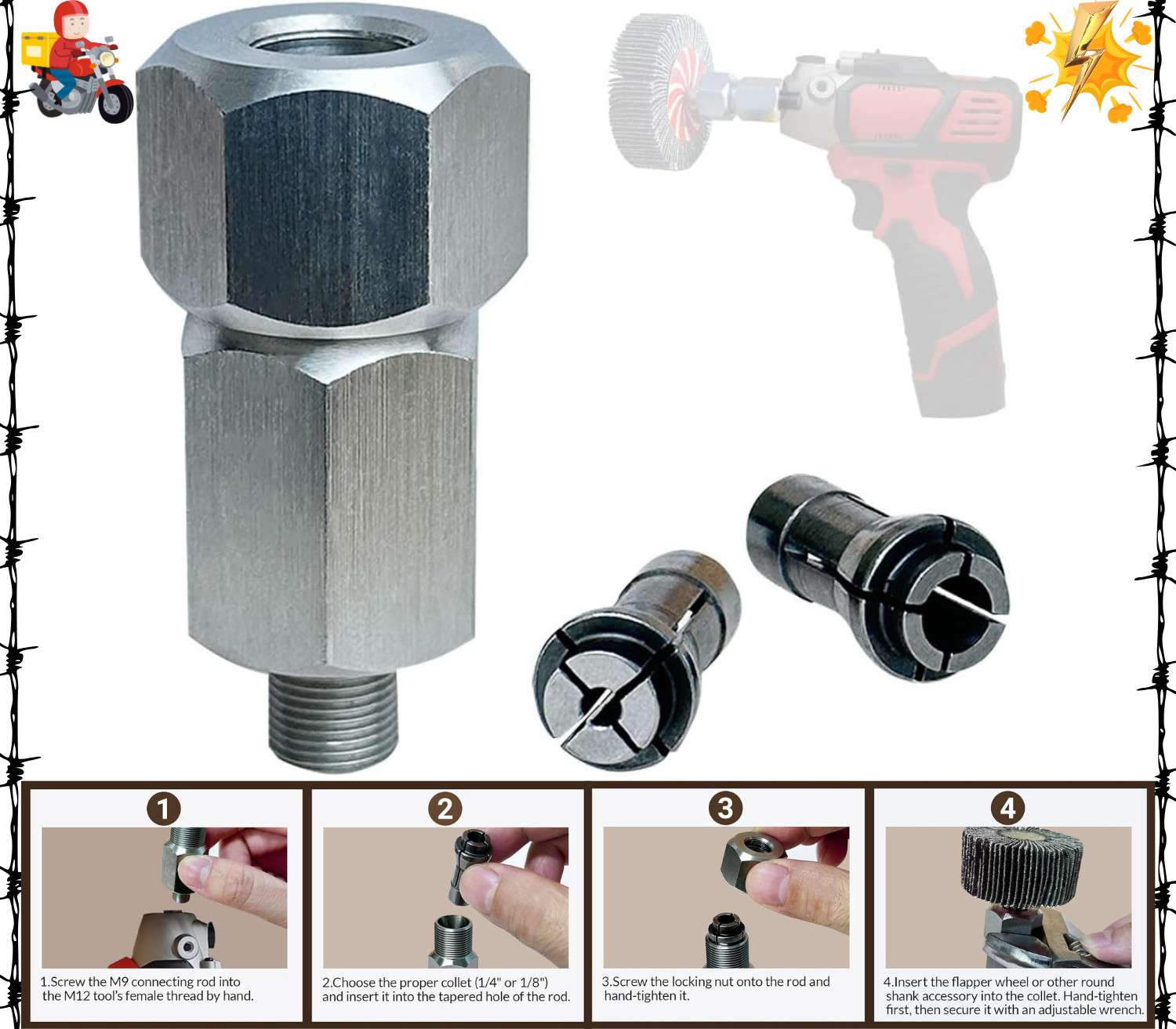 M9 Threaded Collet Adapter for Milwaukee M12 Polishers or Sanders, Includes 1/4″