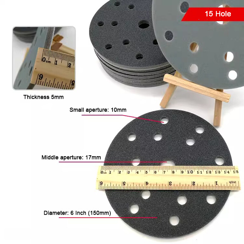 6″150mm 15Hole Dry&Wet Sandpaper Pads Hook&Loop Sponge Sanding Disc 300-3000Grit