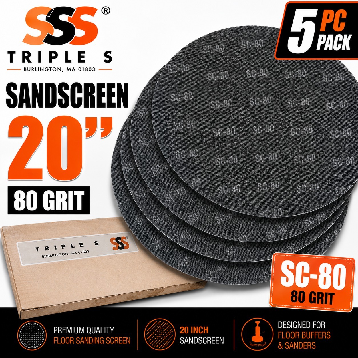 Triple S Floor Sanding Screen Disc, 5 Pack, 20″, Grit 80