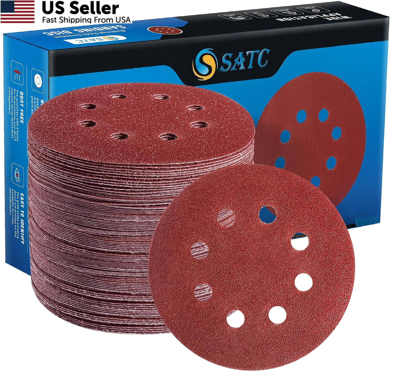 S SATC 72 PCS 5 Inch 8 Hole Hook and Loop Adhesive Sanding 72pcs 5 inch, Red