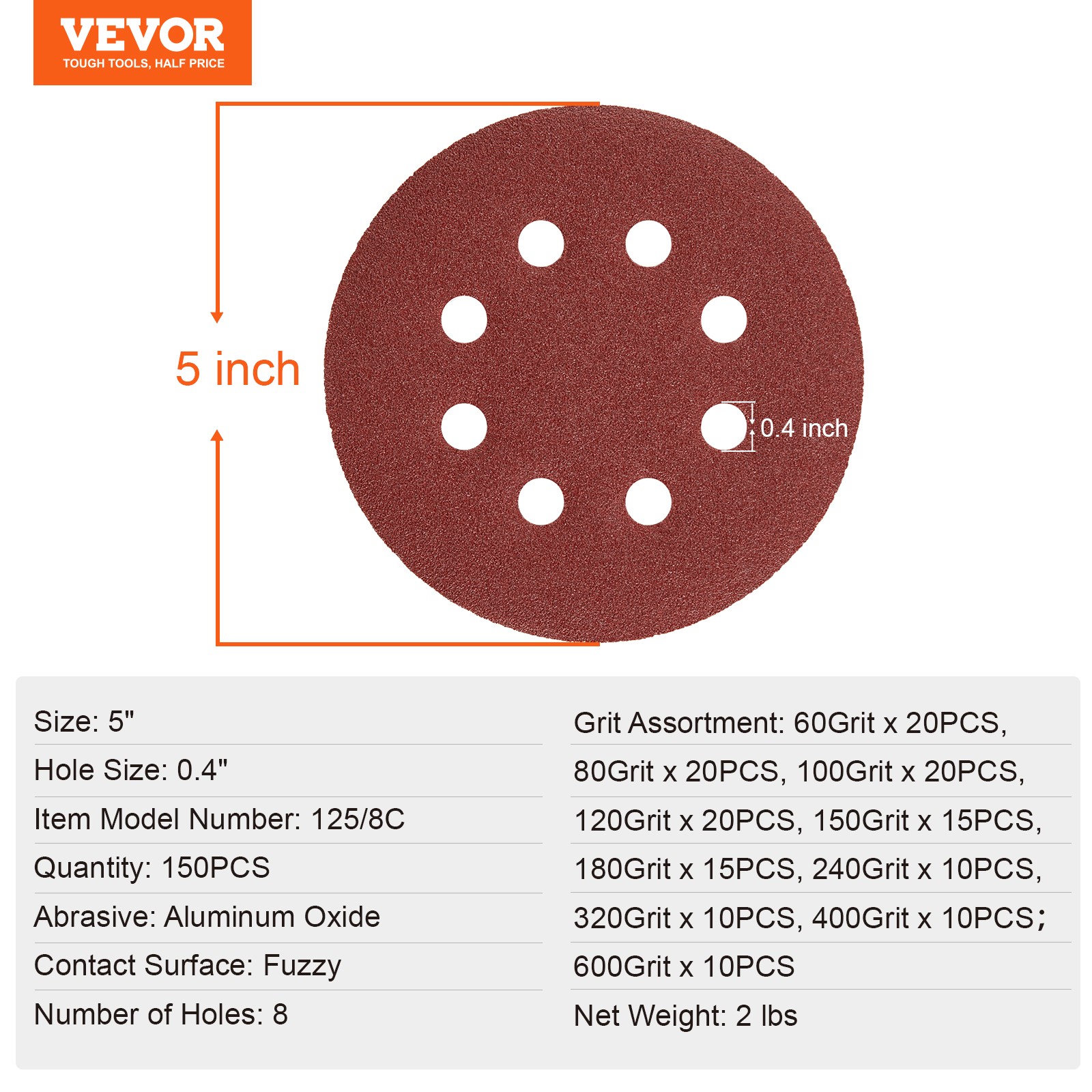 VEVOR 150PCS 5-inch Sanding Discs 60-600 Grit Hook and Loop Sandpaper 8-Hole