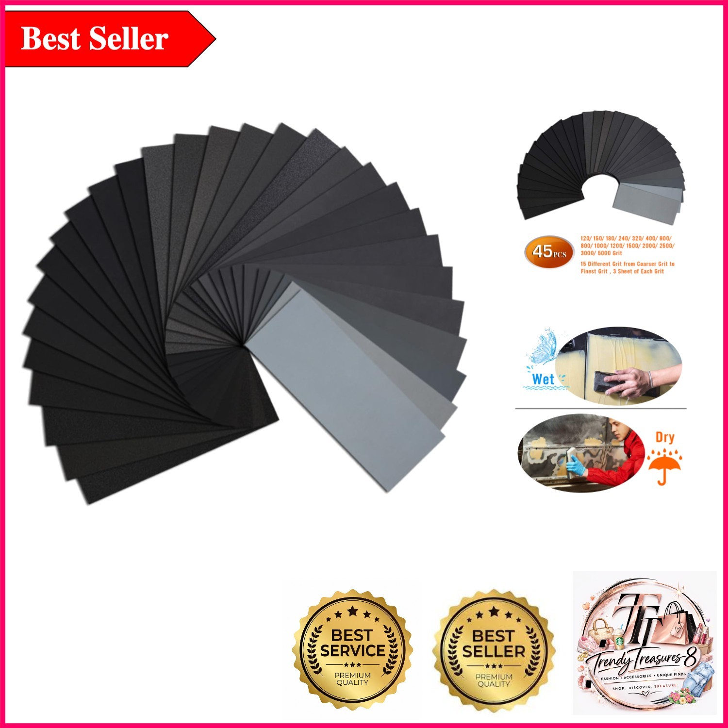 45-Piece Waterproof Grit Sandpaper Set for Multi-Surface Polishing