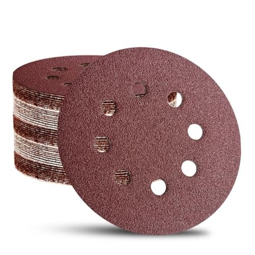 52 Pack 5 Inch 8-Hole Hook and Loop Sanding Discs Sandpaper Red Round 60 -320