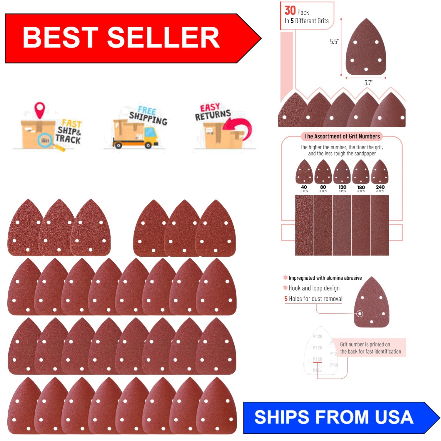Bates Mouse Detail Sander Sandpaper Kit – 30 Pcs, 5 Grits for Smooth Finishes