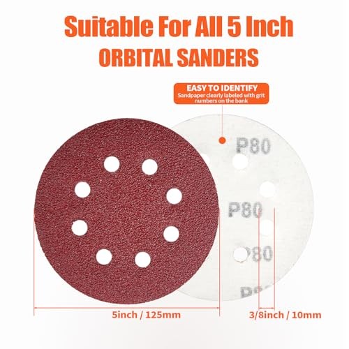 250 PCS 5-Inch 8-Hole Hook & Loop Sanding Discs Set, 40 60 80 Mix Grit-250PCS