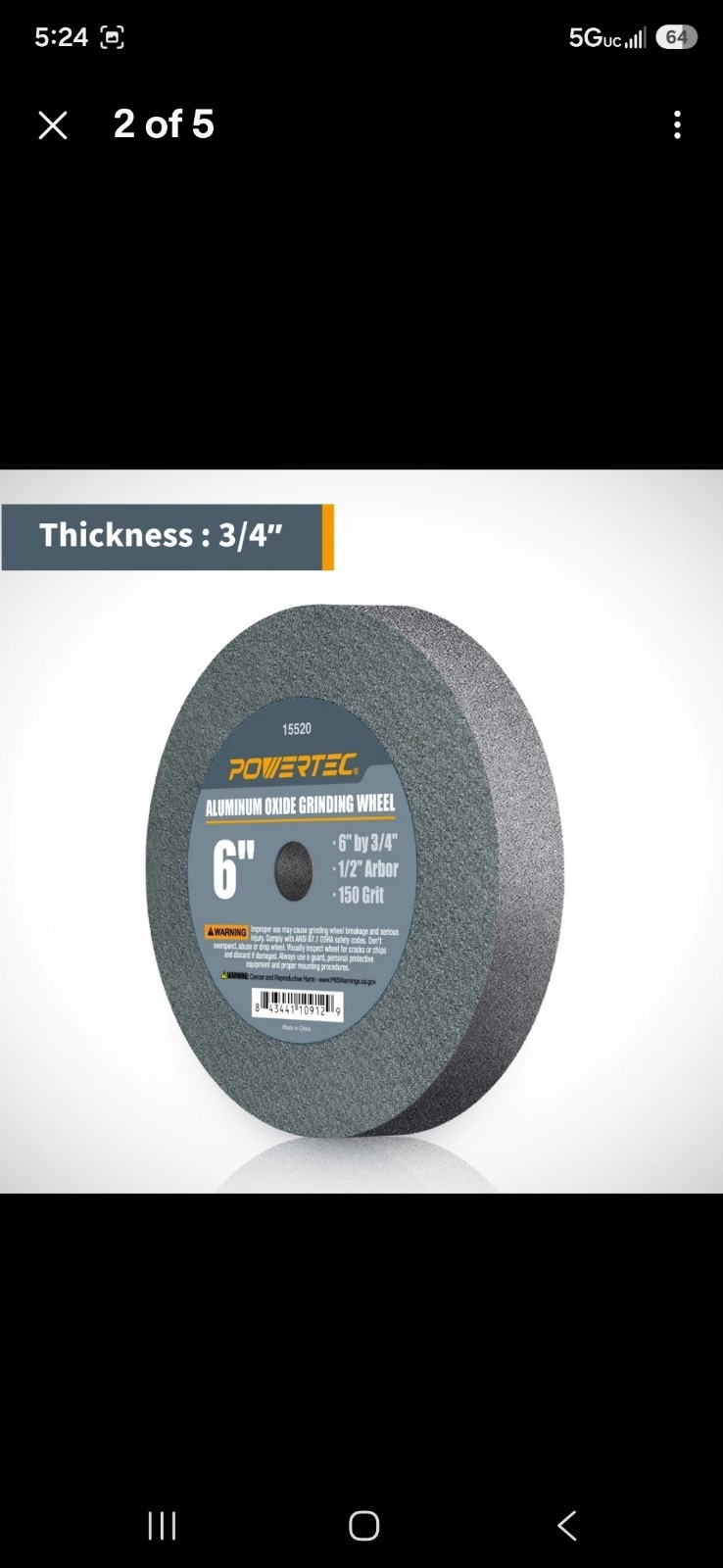POWERTEC 15520 Aluminum Oxide Grinding Wheel 150 Grit, 6 x 3/4 with 1/2 Arbor