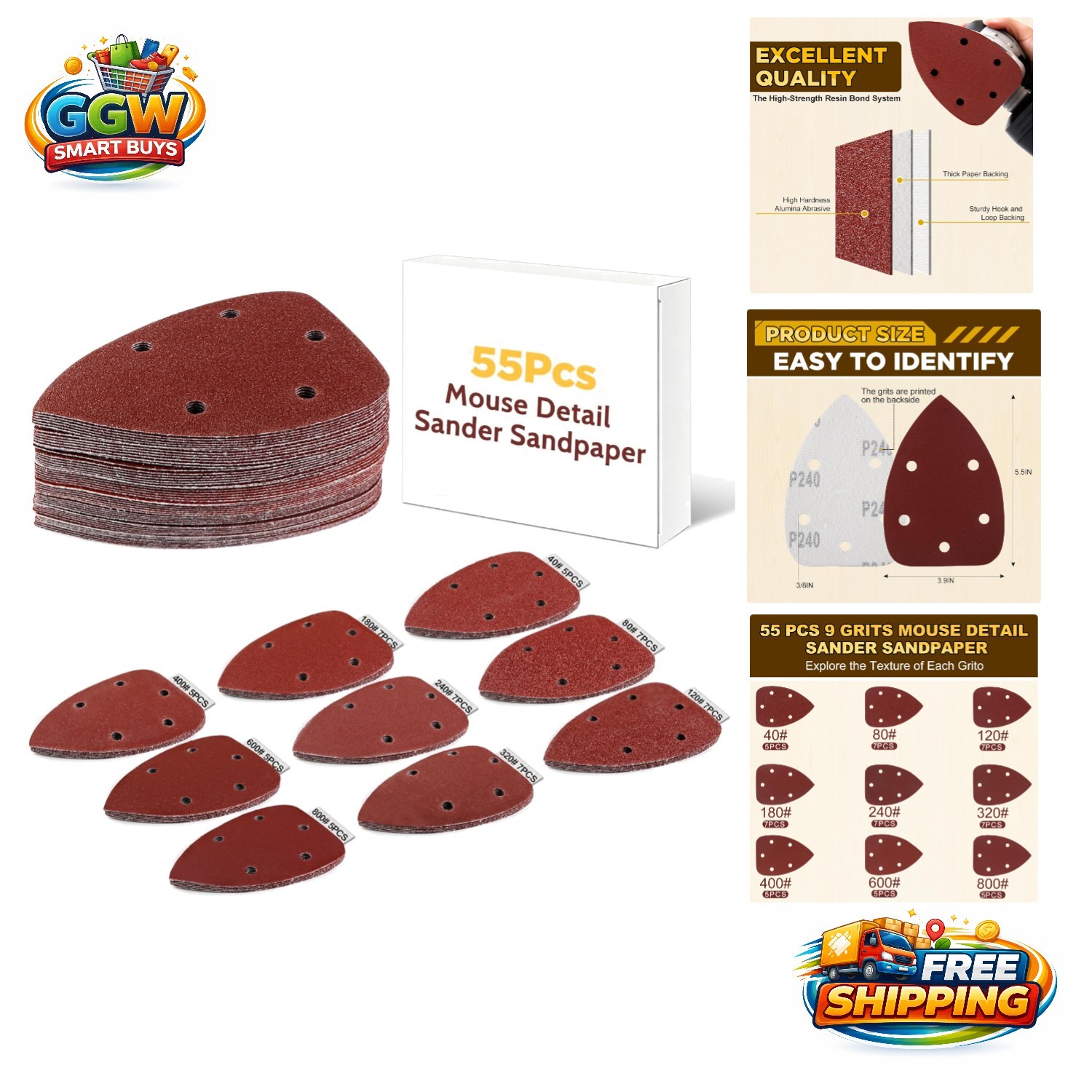 Aluminum Oxide Sanding Pads – 55 Pcs with 9 Grits for Precision Finishing