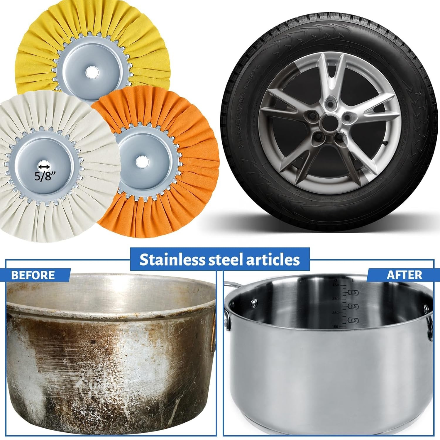 Aluminum Wheel Polishing Kit with 8 Mixed Grit Buffing Wheels and Polishing Bars