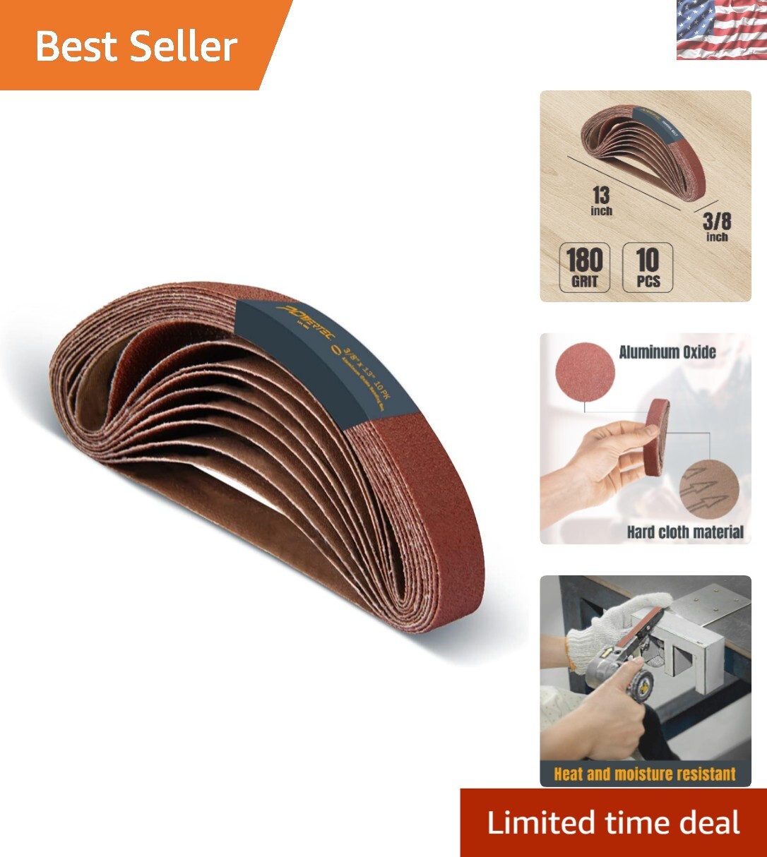 3/8 x 13 Inch 180 Grit Sanding Belts – 10PK Aluminum Oxide for Air Belt Sanders