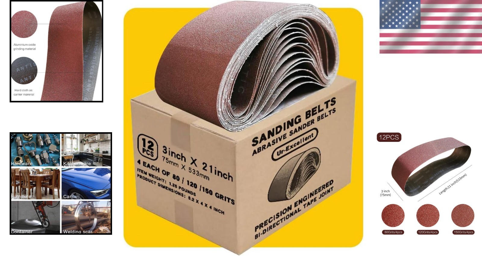 3×21 Inch Sanding Belt Pack – 12 Pcs, 80, 120, 150 Grits for Quality Finishing