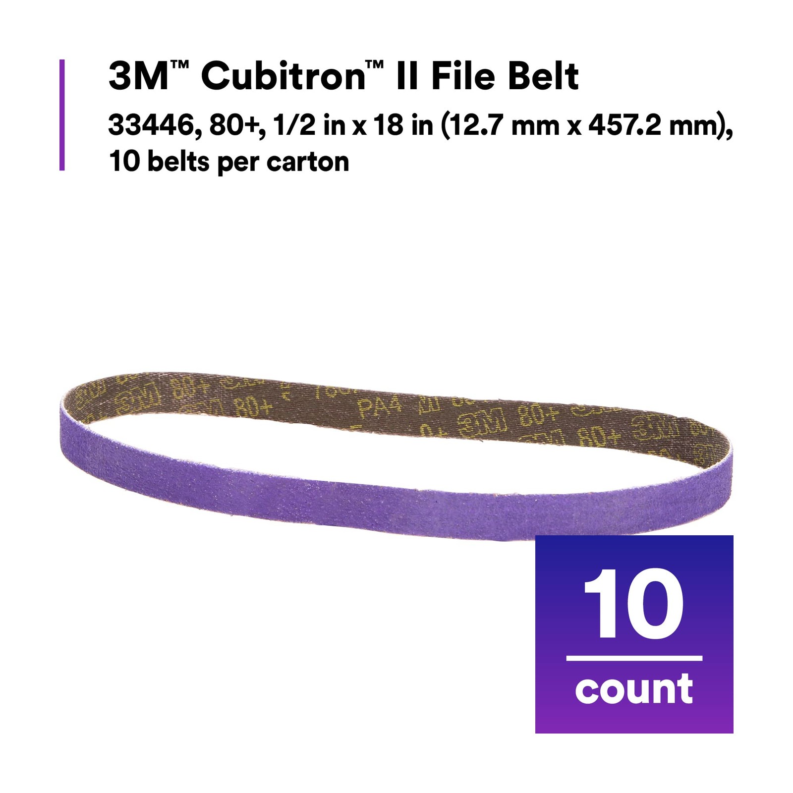 3M Cubitron II File Belt, 33446, 80+ Grit, 1/2 in x 18 in, File Belts, Resin