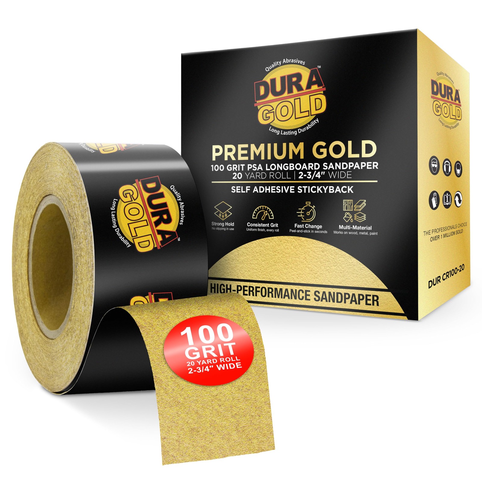 Dura-Gold Premium Gold 100 Grit PSA Longboard Sandpaper, 20 100-Grit,
