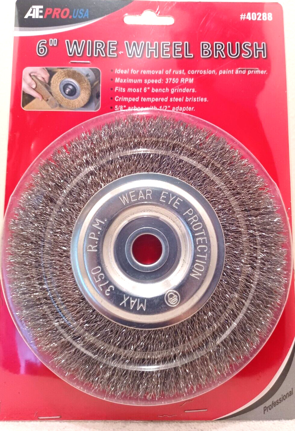 1 pc. 6″ STEEL WIRE WHEEL BRUSH FOR BENCH GRINDERS 5/8″ ARBOR WITH 1/2″ ADAPTER
