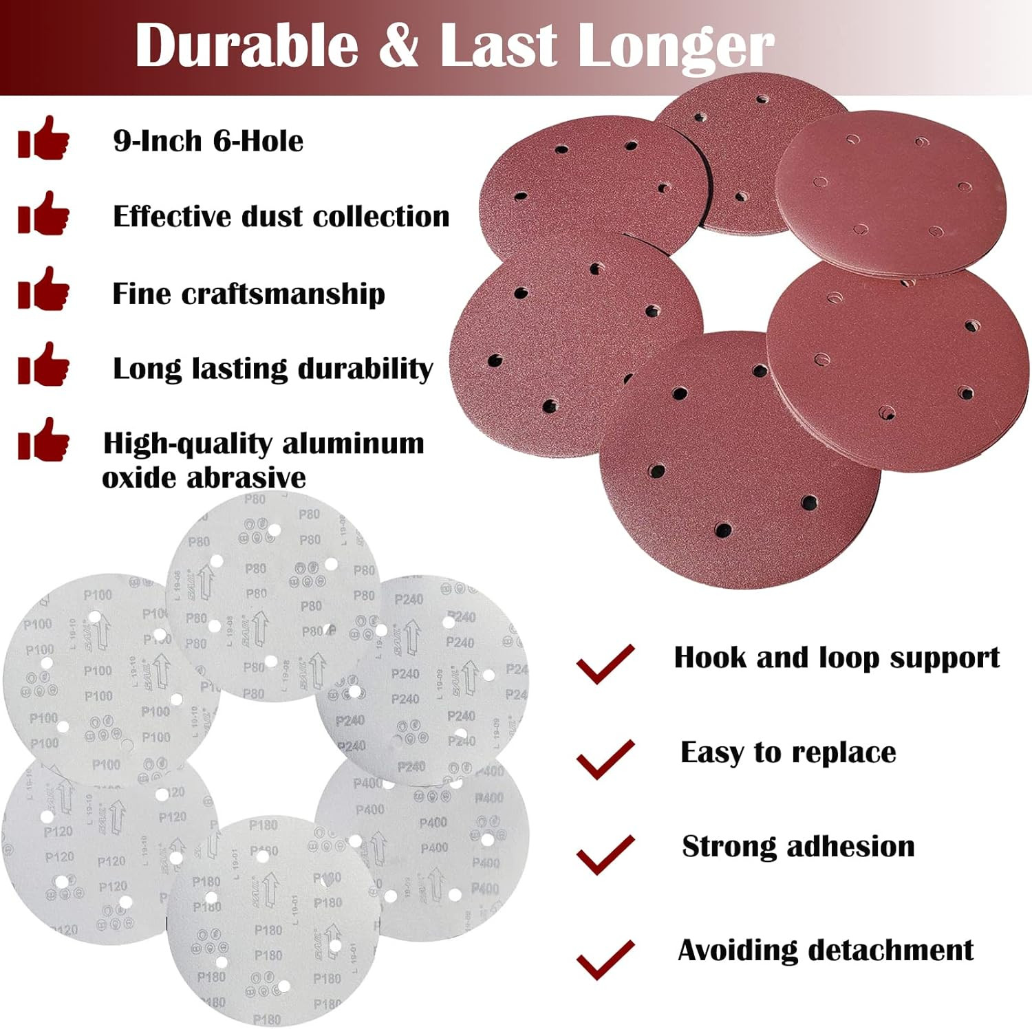 50 PCS 9 Inch 6 Hole Drywall Sanding Discs Set -10 Each of 60 80 120 150 240 Gri
